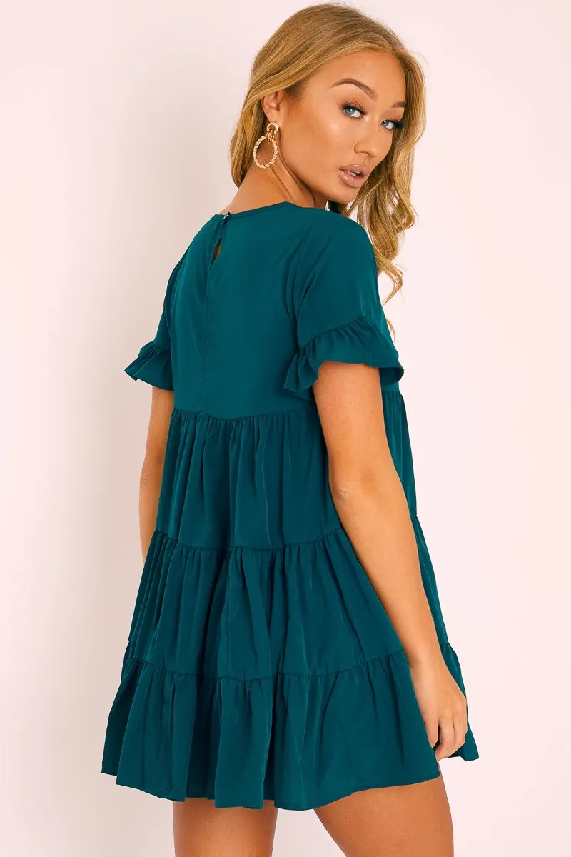 Emerald Green Smock Tiered Frill Sleeve Mini Dress - Olah