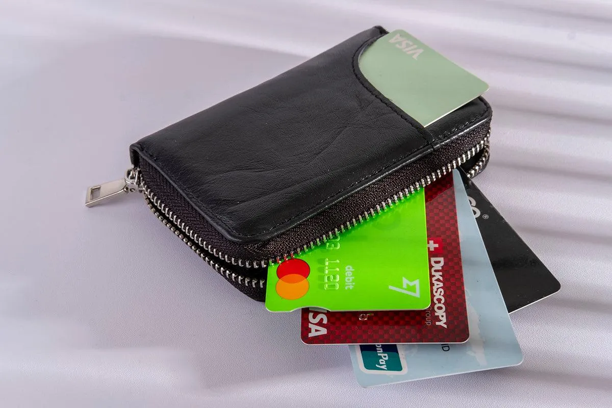 Fabufabu RFID Zip cowhide Card Holder Wallet