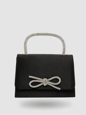 Faux-Suede Flapover Bag With Rhinestone Bow