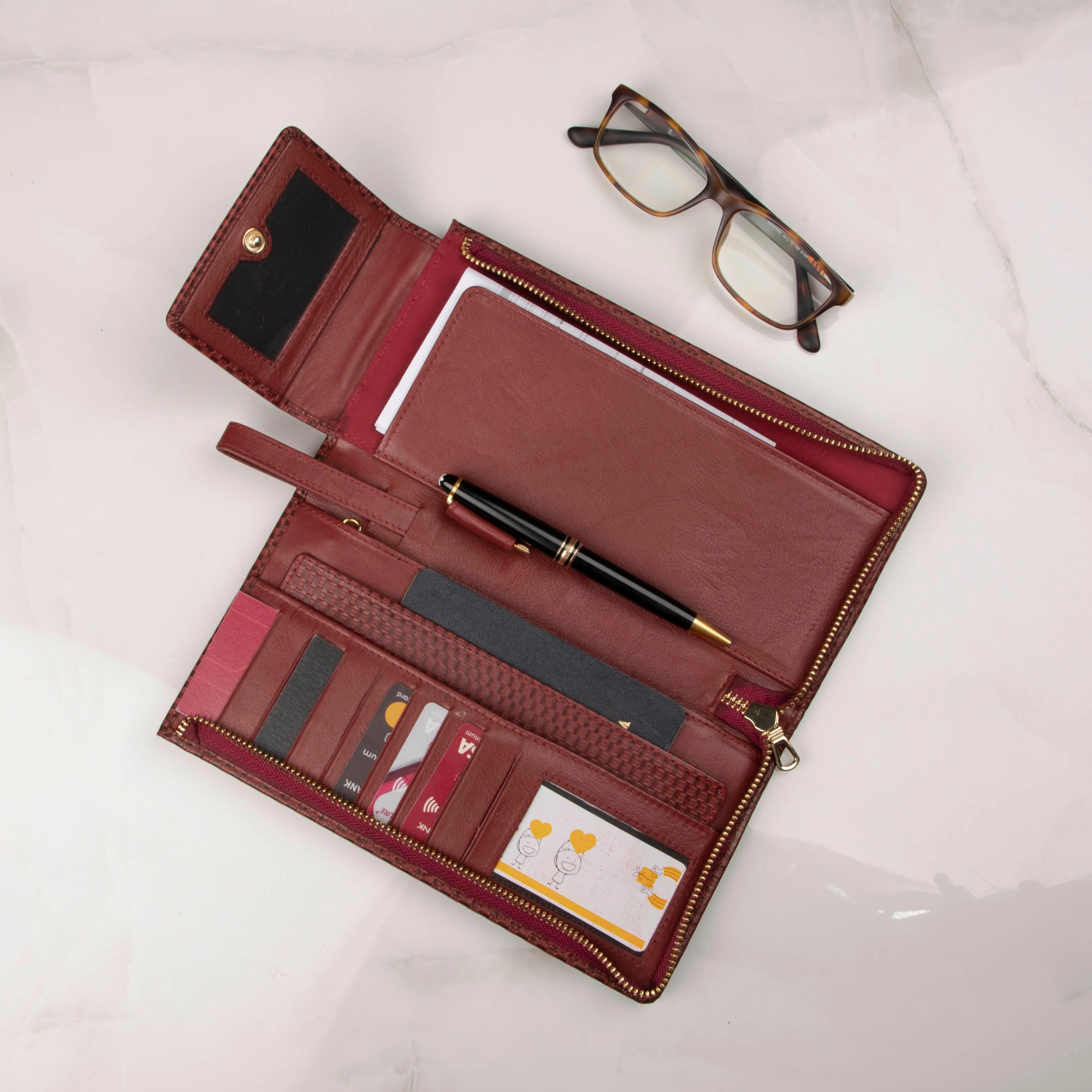 Full Zip Passport II | Leather Passport Holder | Travel Wallet | 100% Pure Leather | Color: Brown & Cherry