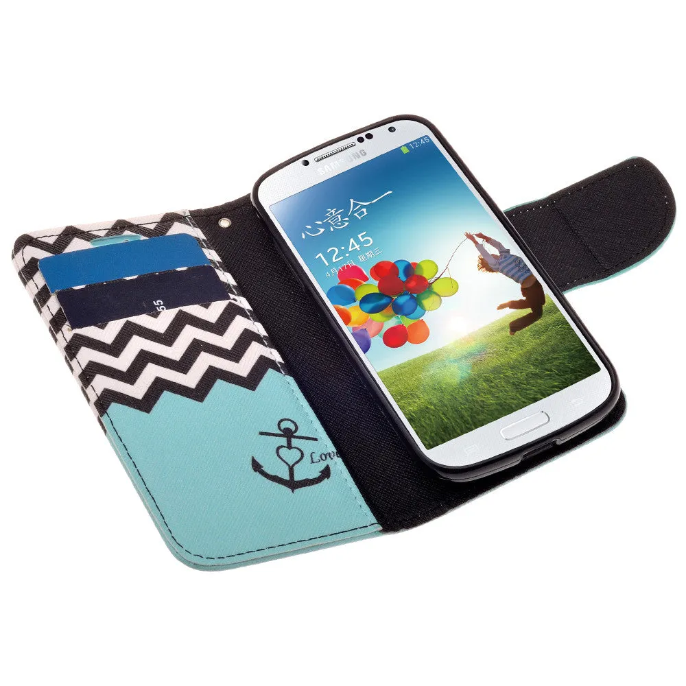 Galaxy S4 Mini Case, Wrist Strap Magnetic Fold[Kickstand] Pu Leather Wallet Case with ID & Credit Card Slots for Samsung Galaxy S4 Mini - Teal Anchor