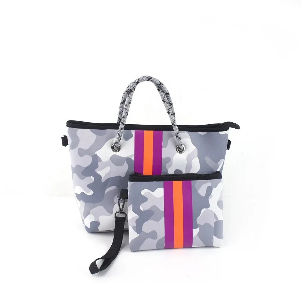 Grey Camo with Lavender & Orange Stripe Mini cross shoulder neoprene bag