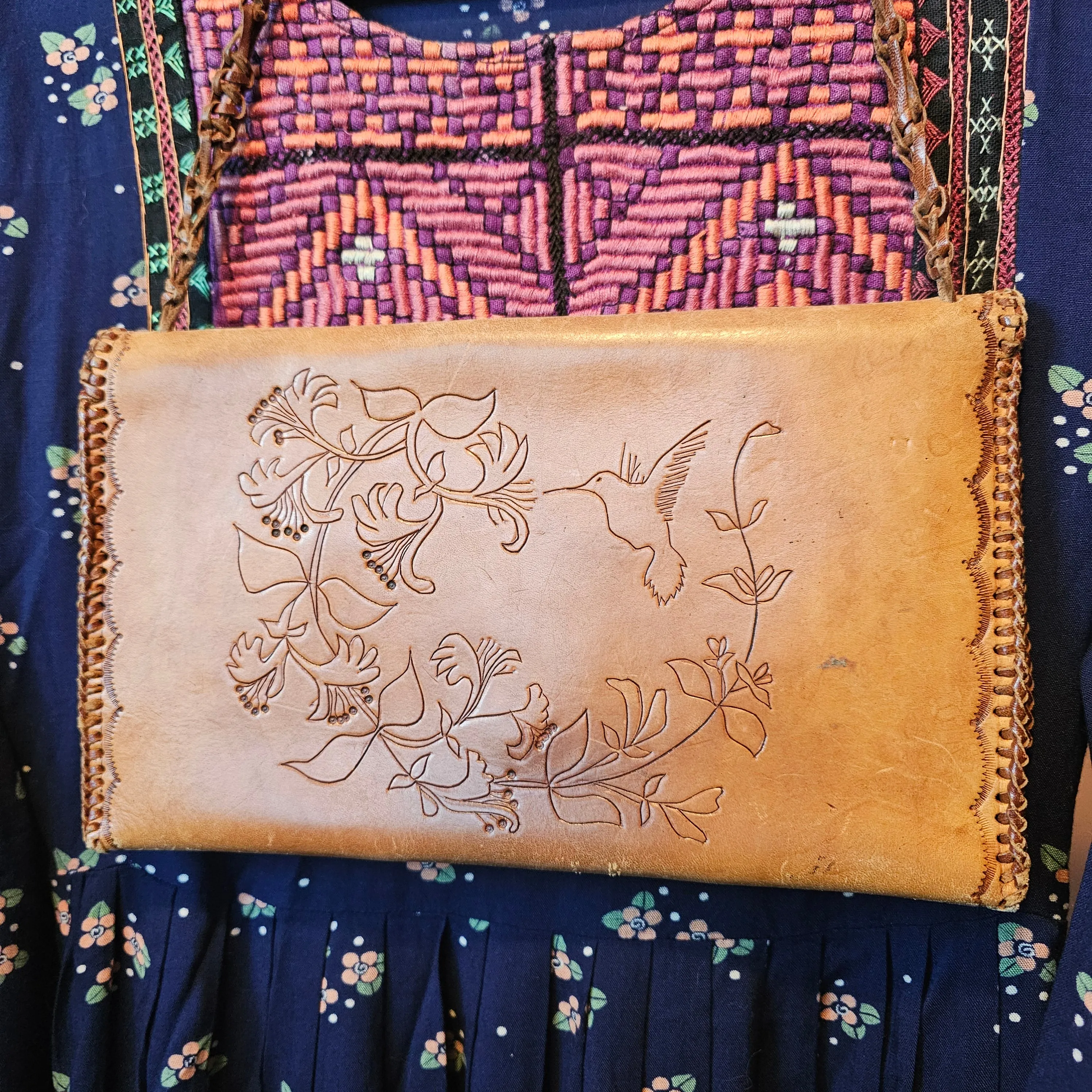 Hand Tooled Leather Purse Womens Handbag boho Hippy Minibag Festival Vintage 70s