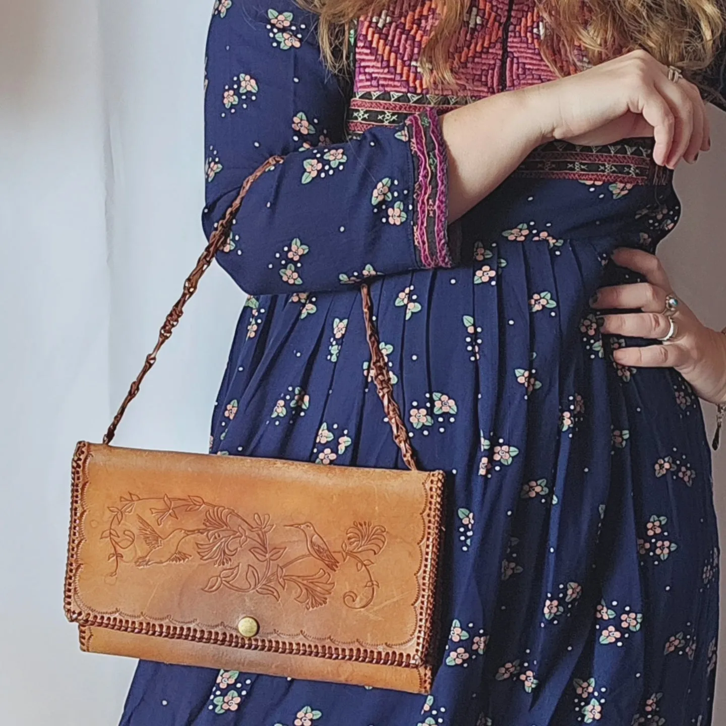 Hand Tooled Leather Purse Womens Handbag boho Hippy Minibag Festival Vintage 70s