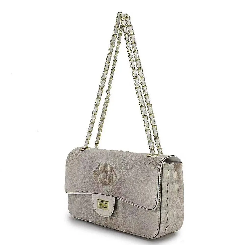 Himalaya  White Crocodile Leather Flap Chain Shoulder Bag