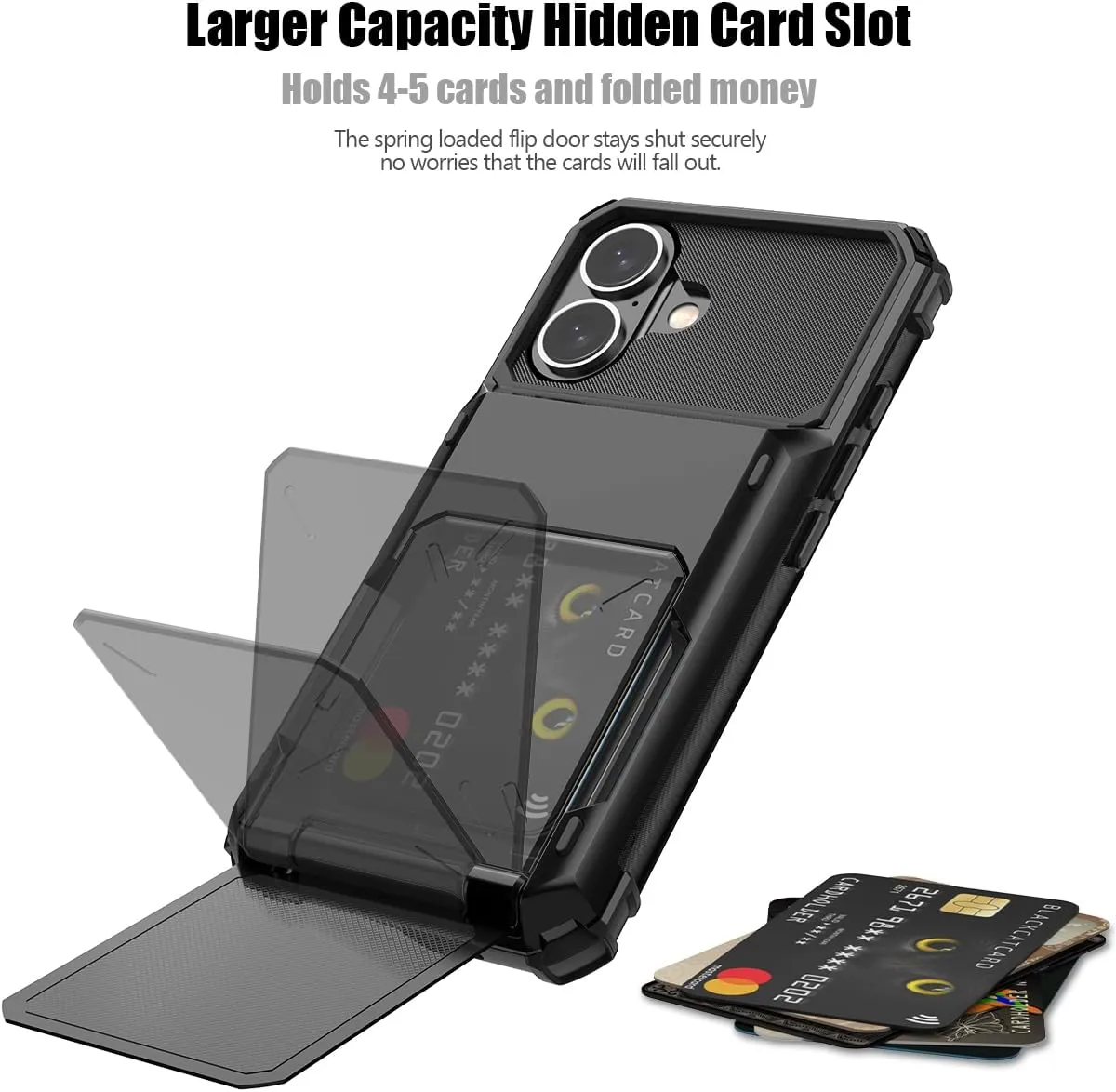 iPhone 16 Case Holder Store 5 Cards Dual Layer Heavy Duty Shockproof Wallet Case Hidden Card Slot Large Storage Cover