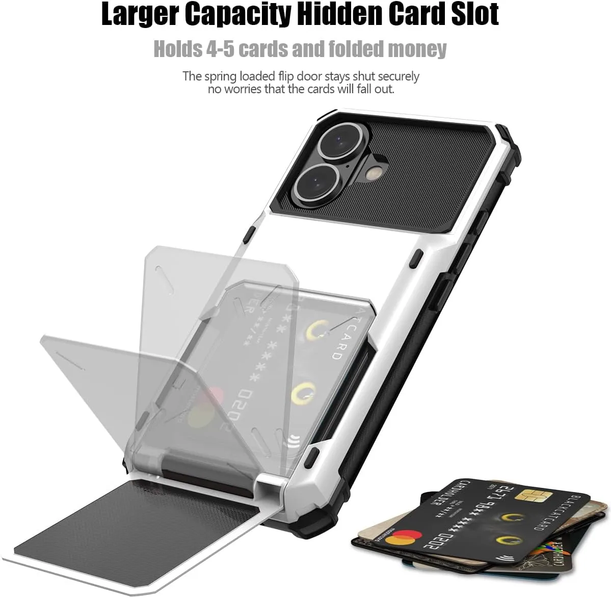 iPhone 16 Case Holder Store 5 Cards Dual Layer Heavy Duty Shockproof Wallet Case Hidden Card Slot Large Storage Cover