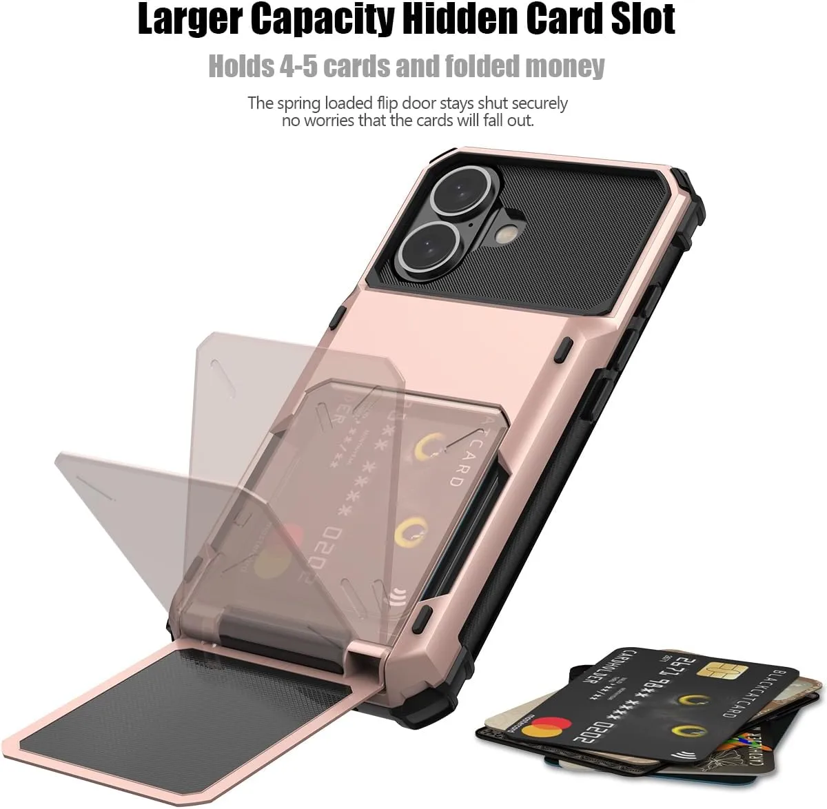 iPhone 16 Case Holder Store 5 Cards Dual Layer Heavy Duty Shockproof Wallet Case Hidden Card Slot Large Storage Cover