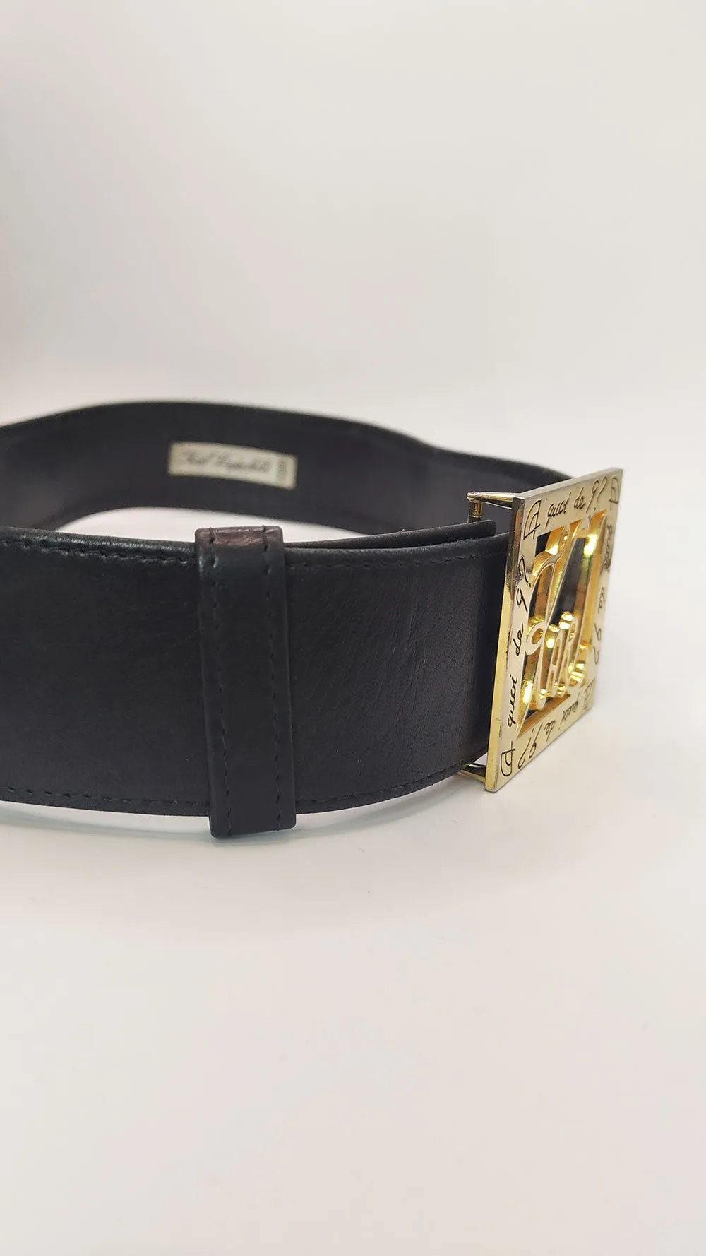 Karl Lagerfeld Vintage Gold & Black Leather Logo Belt, 1980s