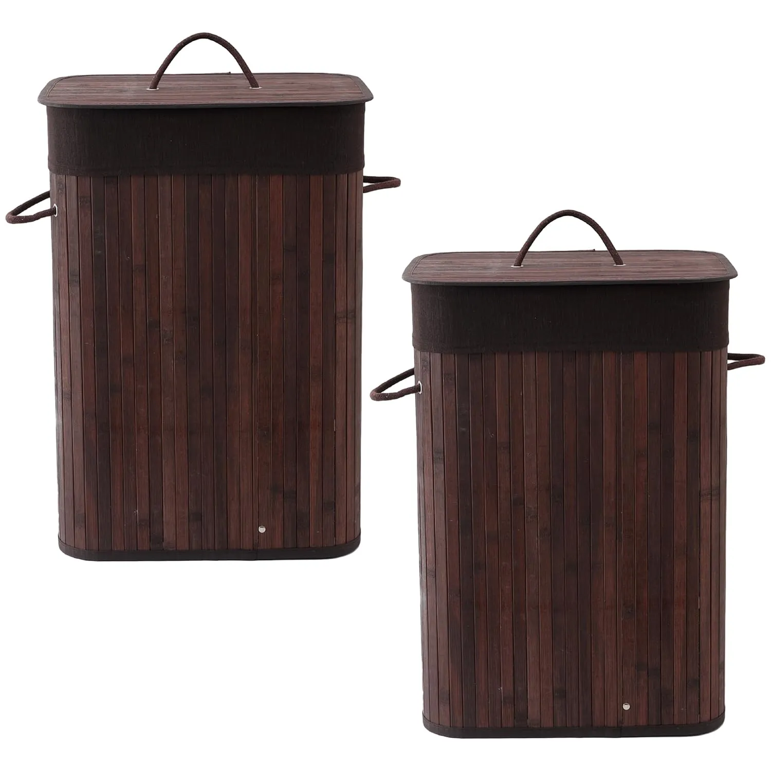 Kuber Industries Bamboo Basket With Lid|Foldable Laundry Basket For Clothes|Durable Rope Handles & Removable Bag|Pack Of 2|Dark Brown