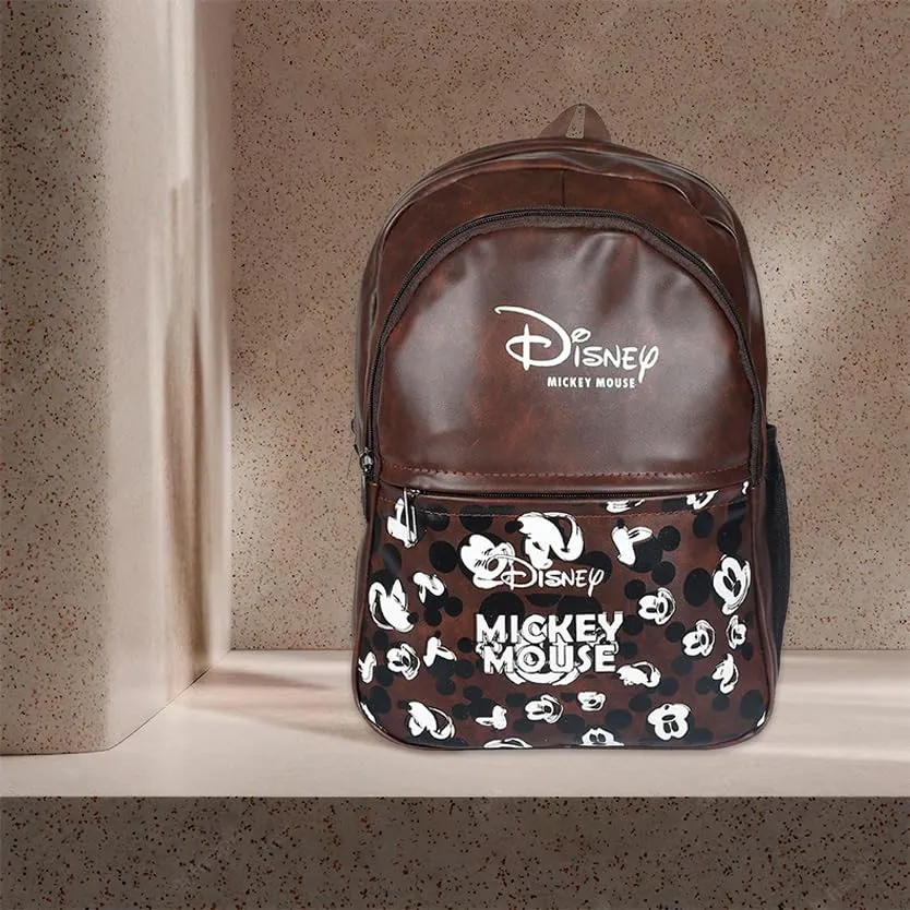 Kuber Industries Disney Mickey School Bag | Leather School Bags | Student Bookbag | School Bag for Girls & Boys | School Backpack for Kids | 3 Compartments School Bag | Brown