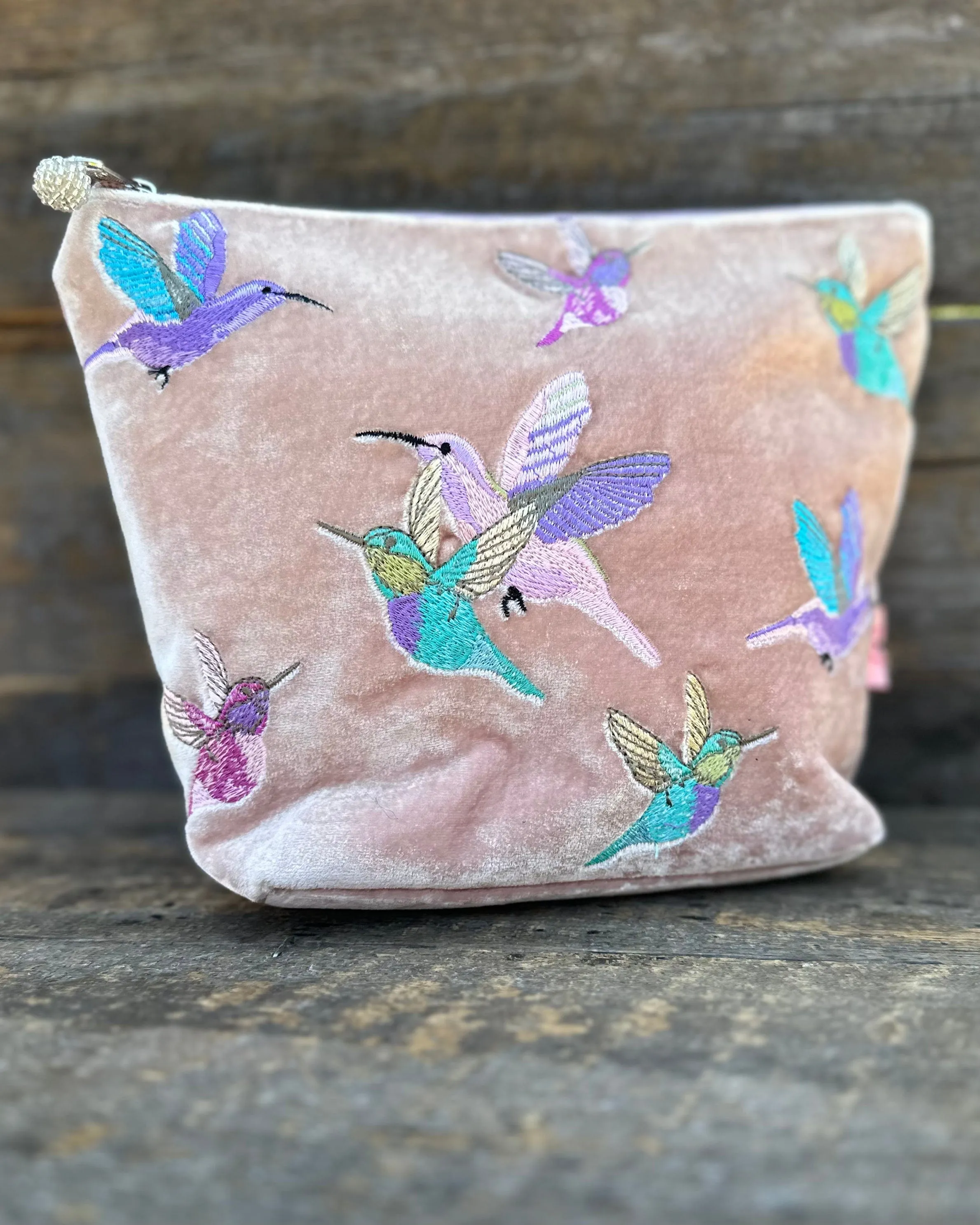 Large Velvet Make Up Bag With Embroidered Hummingbirds - Pale Pink