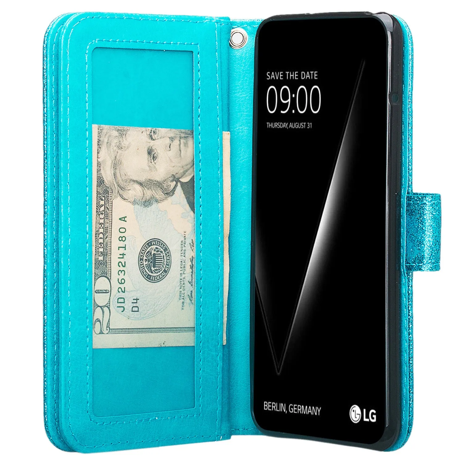 LG V30 Case, V30 Plus, [Wrist Strap] Glitter Faux Leather Flip [Kickstand Feature] Protective Wallet Wristlet Cover - Teal