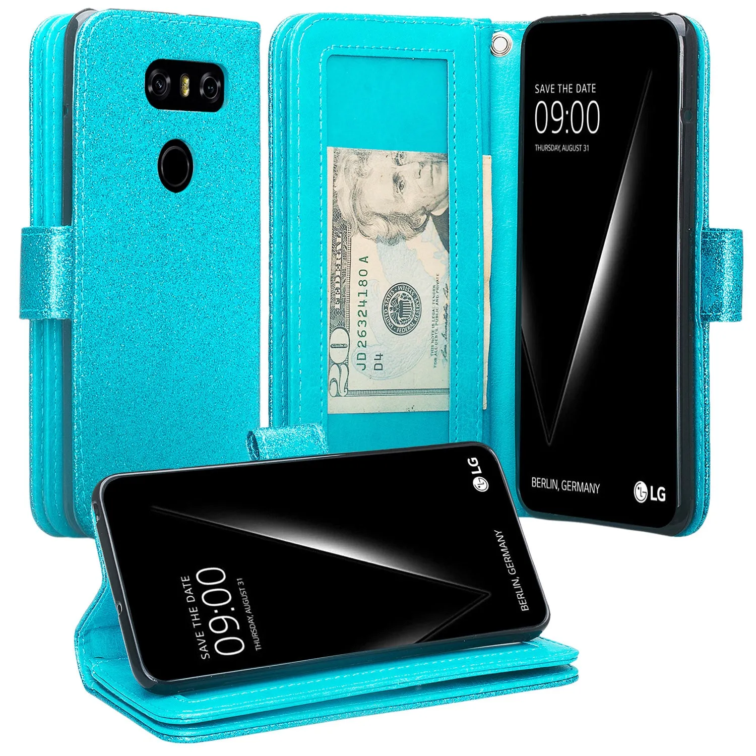 LG V30 Case, V30 Plus, [Wrist Strap] Glitter Faux Leather Flip [Kickstand Feature] Protective Wallet Wristlet Cover - Teal