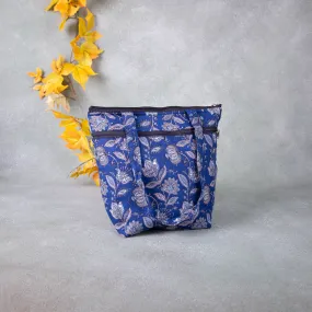 Medium Size Handbag Blue with Grey Flower Design.