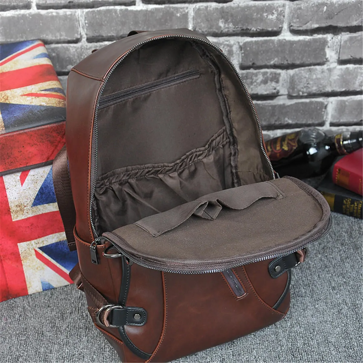 Men Leather Backpack Waterproof Laptop School Bag Travel Satchel Rucksack Large