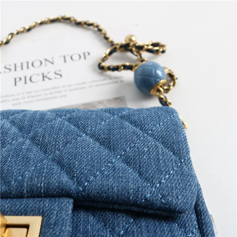 Mini Flap Denim Quilted Bag With Gold ball