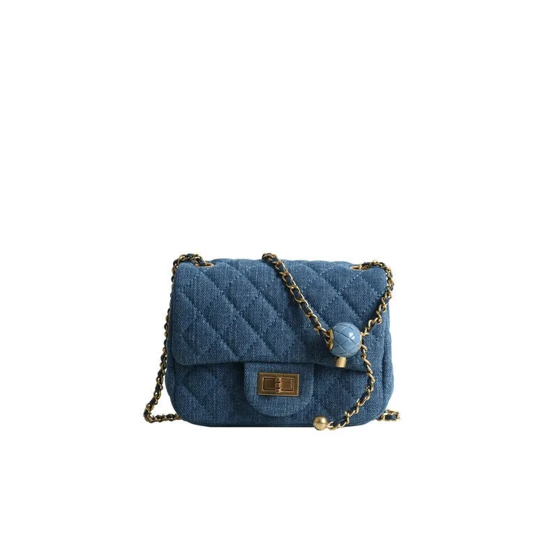 Mini Flap Denim Quilted Bag With Gold ball