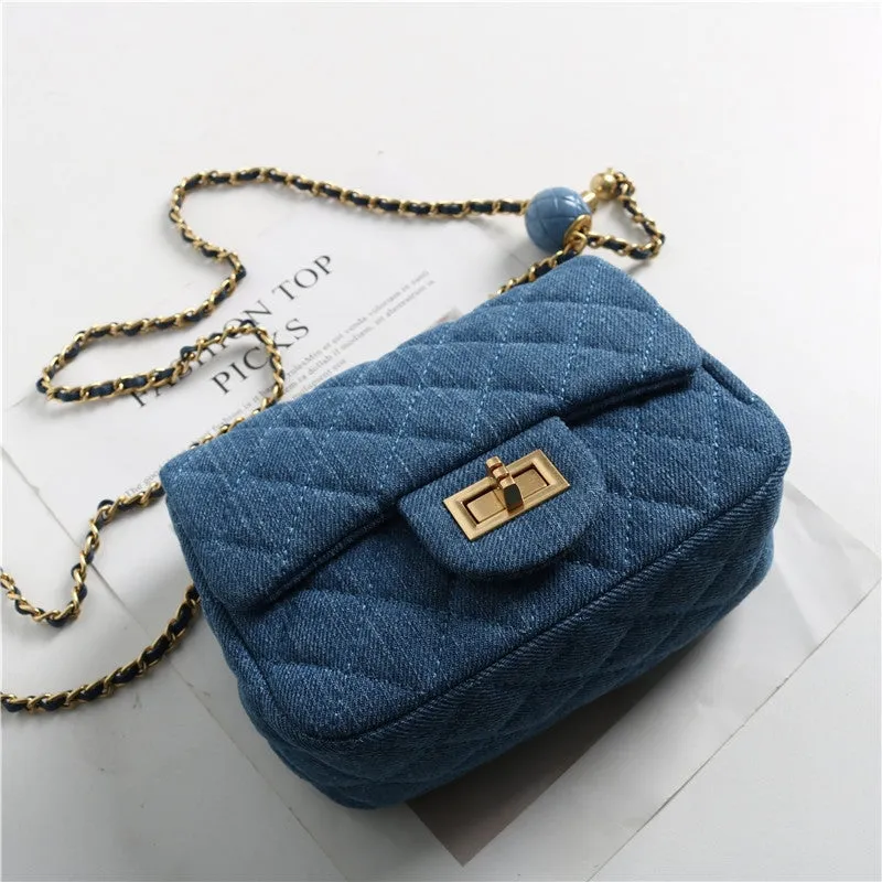 Mini Flap Denim Quilted Bag With Gold ball