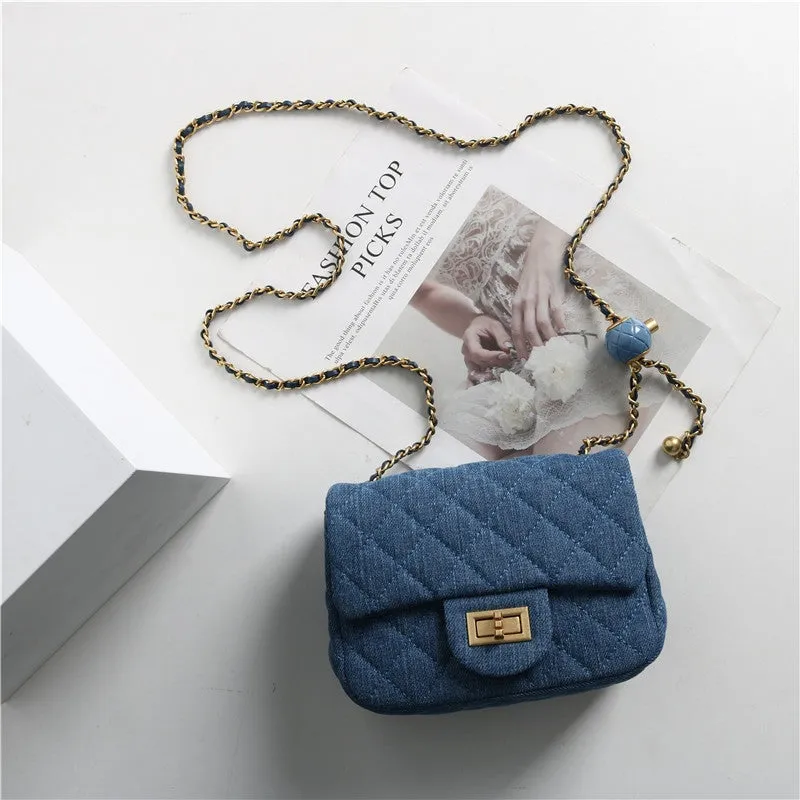 Mini Flap Denim Quilted Bag With Gold ball