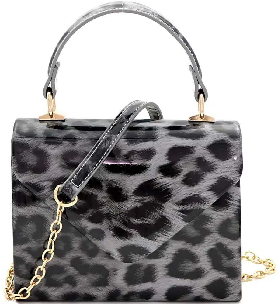 Mini Retro Leopard Patent Beige Box Flap leather Satchel Crossbody Handbag