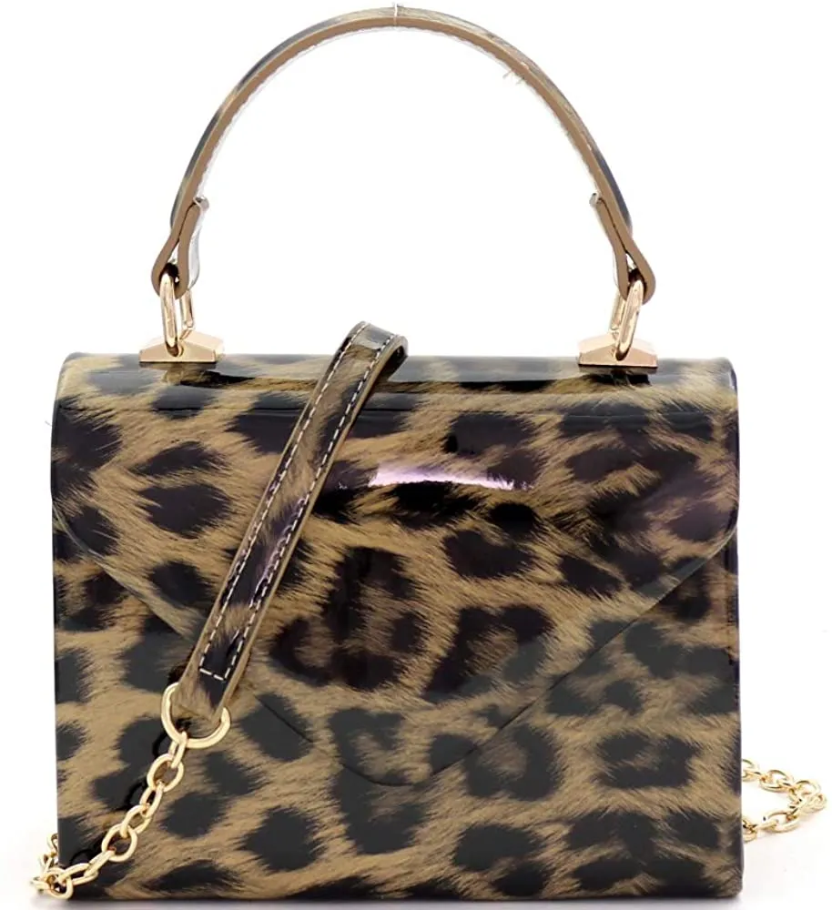 Mini Retro Leopard Patent Beige Box Flap leather Satchel Crossbody Handbag