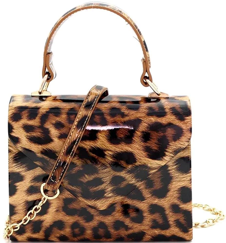 Mini Retro Leopard Patent Beige Box Flap leather Satchel Crossbody Handbag