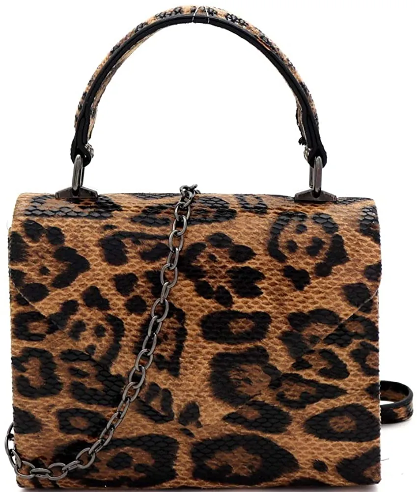 Mini Retro Leopard Patent Beige Box Flap leather Satchel Crossbody Handbag