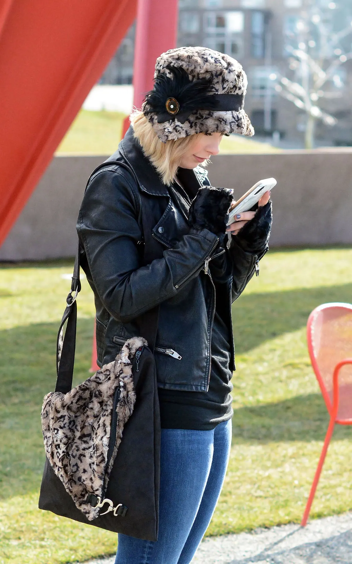 Naples Messenger Bag - Faux Suede in Black with Luxury Faux Fur in Carpathian Lynx (One Left!)