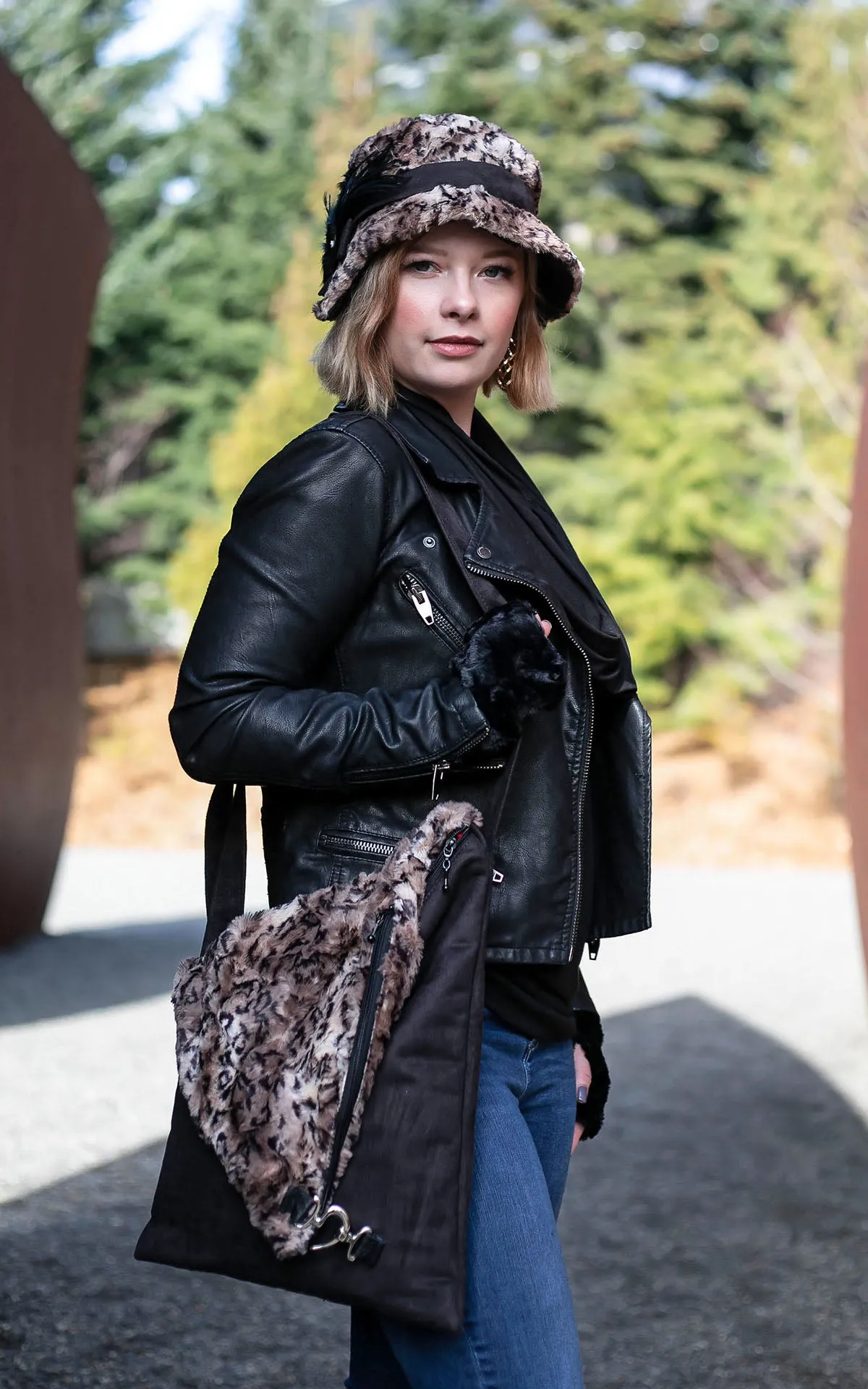 Naples Messenger Bag - Faux Suede in Black with Luxury Faux Fur in Carpathian Lynx (One Left!)