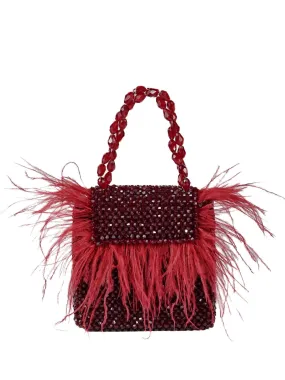 Natali Red Embellished Mini Bag With Feathers