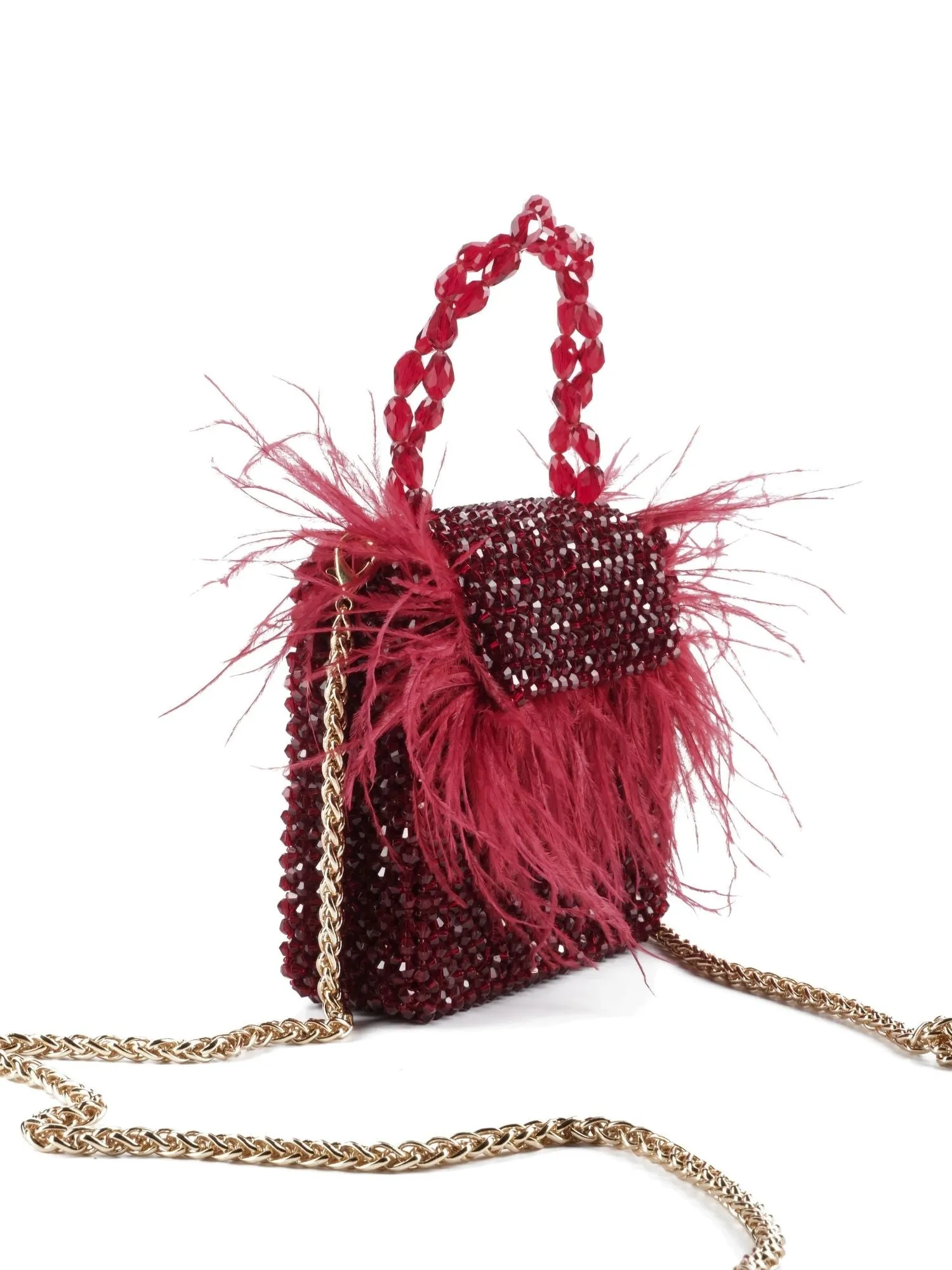 Natali Red Embellished Mini Bag With Feathers