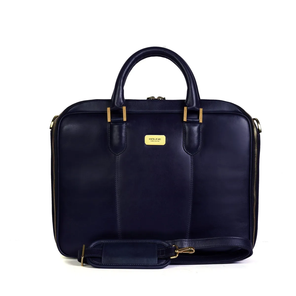 Navy Blue Office Briefcase with Padded Laptop Sleeve in Genuine Leather