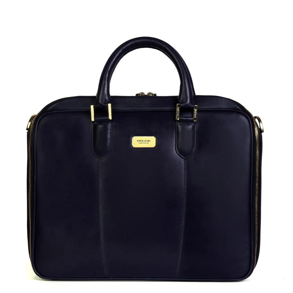 Navy Blue Office Briefcase with Padded Laptop Sleeve in Genuine Leather