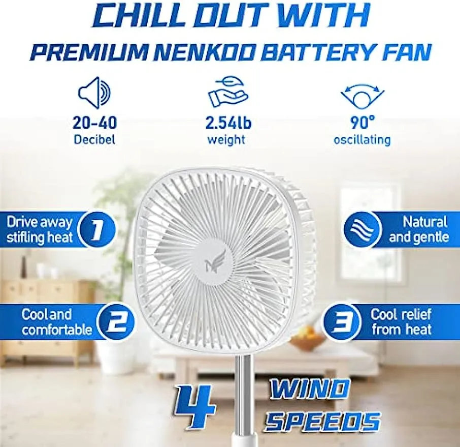 Nenkoo Battery Operated Fan, 8" Portable Oscillating Fan 12500mAh with 4 Speed Timing Remote Control, White Desk Fan, Table Fan Adjustable Height 14.6"-40.2", Retractable Fan Travel Cruise Essentials