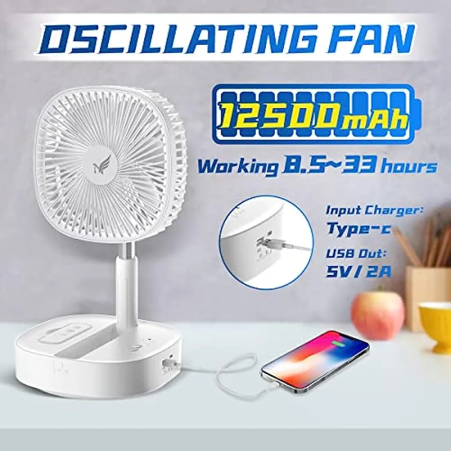 Nenkoo Battery Operated Fan, 8" Portable Oscillating Fan 12500mAh with 4 Speed Timing Remote Control, White Desk Fan, Table Fan Adjustable Height 14.6"-40.2", Retractable Fan Travel Cruise Essentials