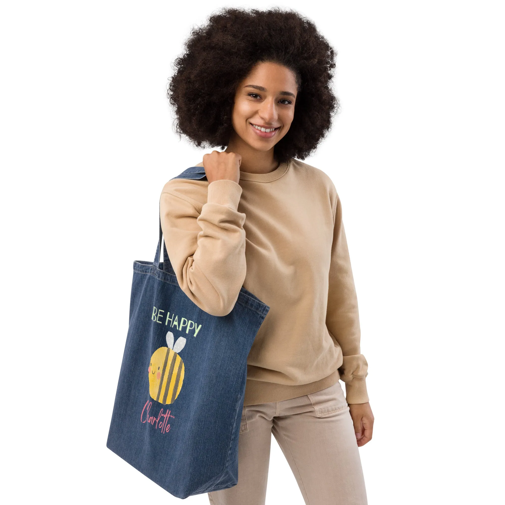 Organic denim tote bag, Be Happy