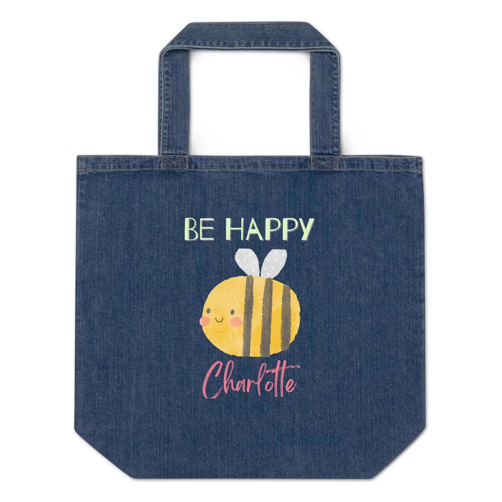 Organic denim tote bag, Be Happy