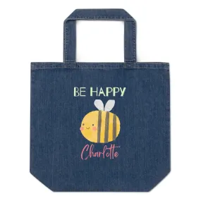 Organic denim tote bag, Be Happy