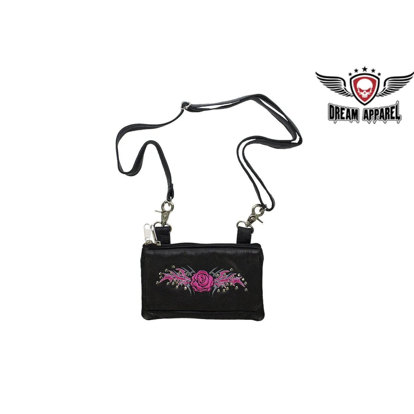 Pink Rose All Leather Belt Bag Purse Pouch