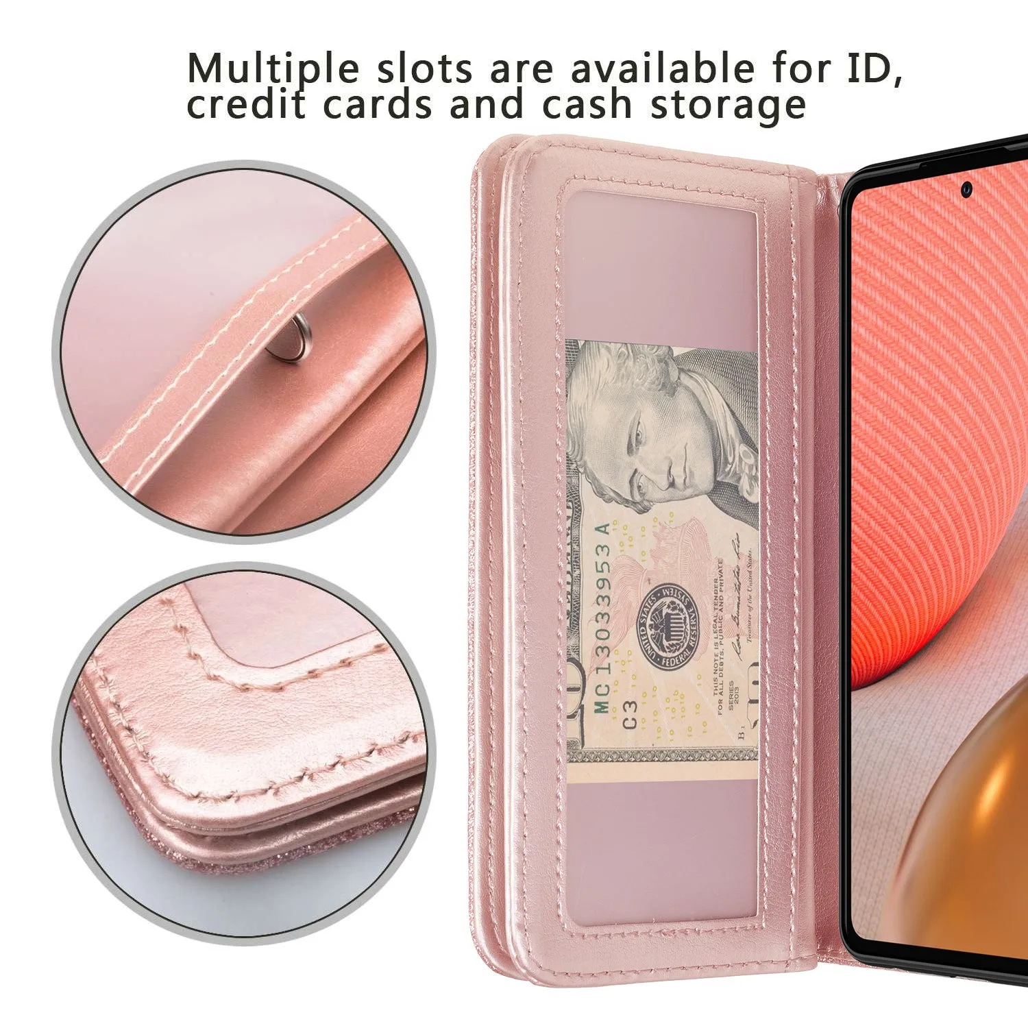 Samsung Galaxy A72 5G Case, Galaxy A72 5G Case, Glitter Faux Leather Flip Credit Card Holder Wrist Strap Shockproof Protective Wallet Case Clutch for Galaxy A72 5G - Rose Gold