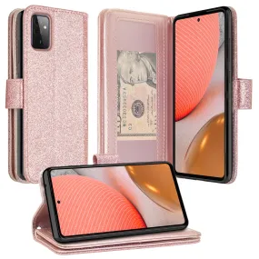 Samsung Galaxy A72 5G Case, Galaxy A72 5G Case, Glitter Faux Leather Flip Credit Card Holder Wrist Strap Shockproof Protective Wallet Case Clutch for Galaxy A72 5G - Rose Gold