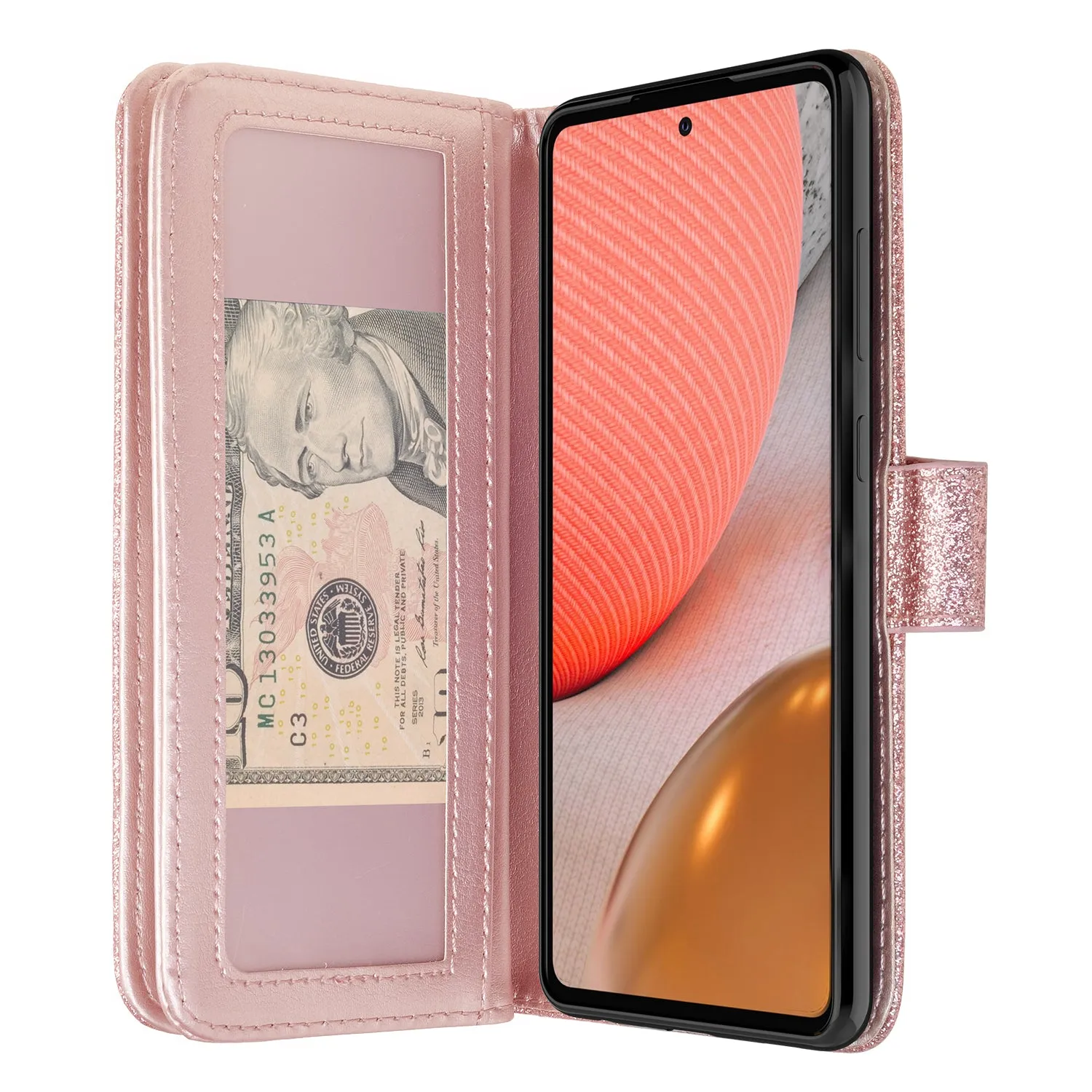 Samsung Galaxy A72 5G Case, Galaxy A72 5G Case, Glitter Faux Leather Flip Credit Card Holder Wrist Strap Shockproof Protective Wallet Case Clutch for Galaxy A72 5G - Rose Gold