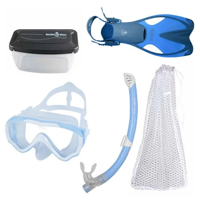 Scuba Max Kids MK-253 Dolphin Mask, FN-308 Dolphin, SK-229 Matrix, Mask box and Mesh Bag Snorkel Combo