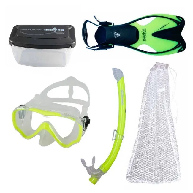 Scuba Max Kids MK-253 Dolphin Mask, FN-308 Dolphin, SK-229 Matrix, Mask box and Mesh Bag Snorkel Combo