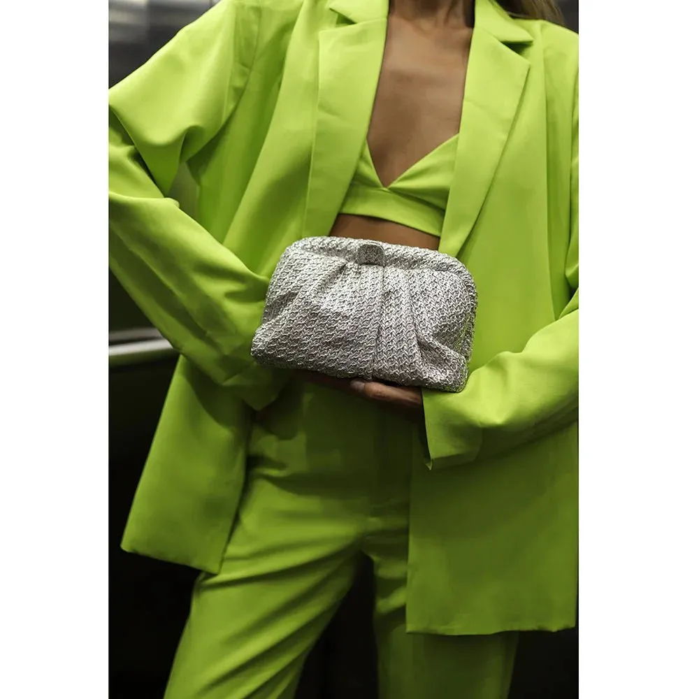 Stevie Pleated Woven Clutch in Silver