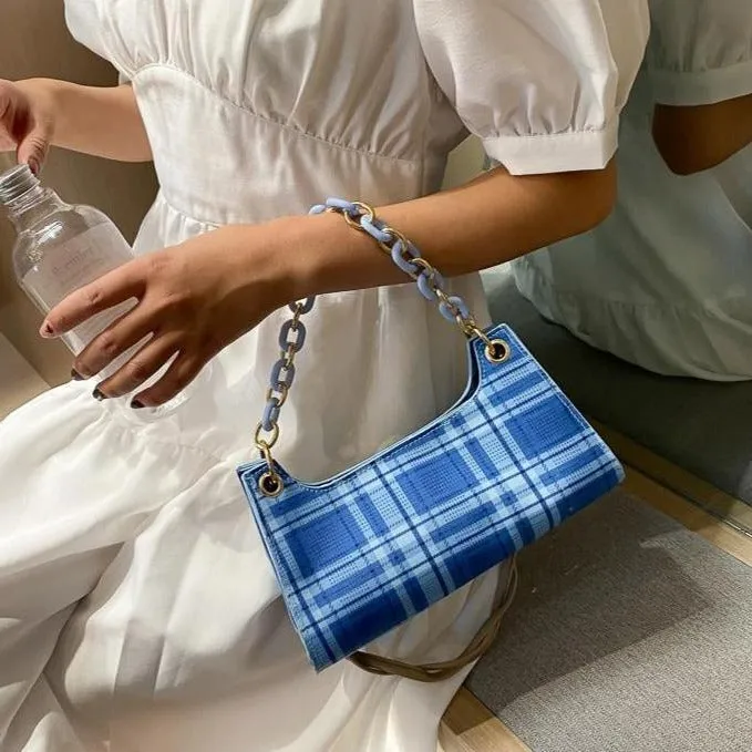 Tartan Plaid 90S Aesthetic Chain Baguette Bag