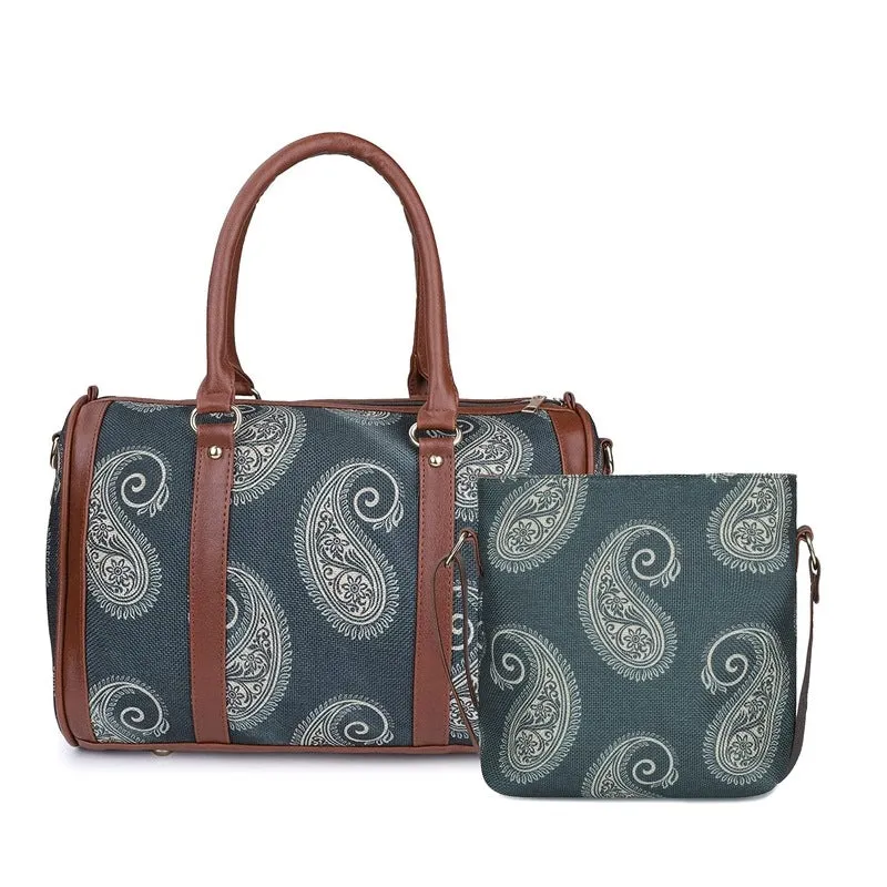 The Clownfish Combo of Lorna Printed Handicraft Fabric Handbag and Aahna Polyester Crossbody Sling bag for Women (Ash Grey)