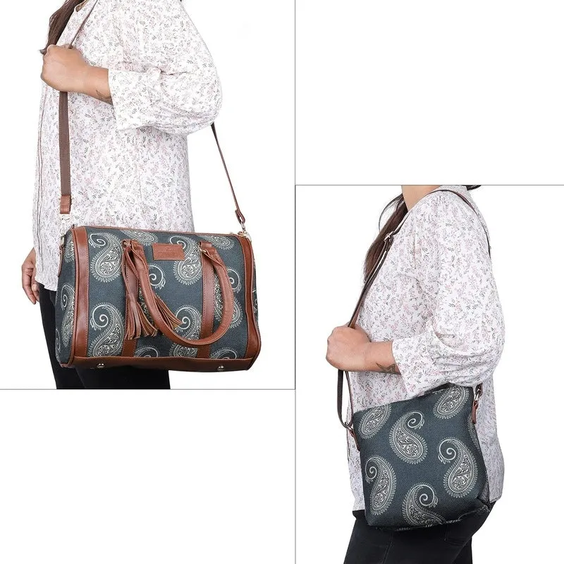 The Clownfish Combo of Lorna Printed Handicraft Fabric Handbag and Aahna Polyester Crossbody Sling bag for Women (Ash Grey)