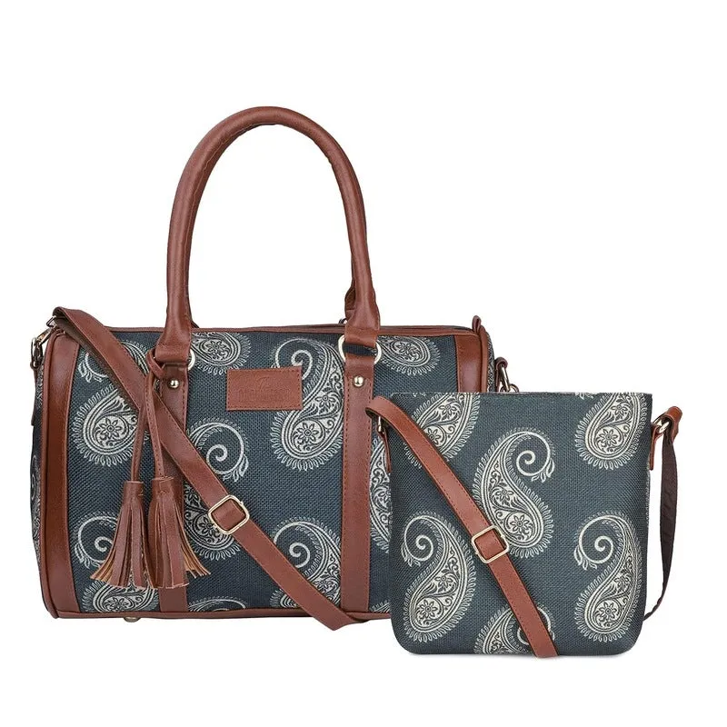 The Clownfish Combo of Lorna Printed Handicraft Fabric Handbag and Aahna Polyester Crossbody Sling bag for Women (Ash Grey)